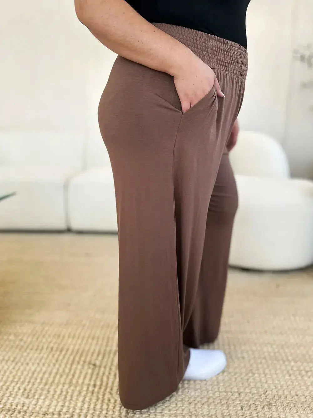 Basic Bae Full Size Smocked Wide Waistband Wide Leg Pants - Love Salve